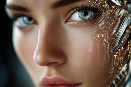 A cyborg woman stands in a dimly lit environment, showing remarkable circuit patterns on her skin.の写真素材