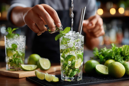 Bartender prepares a mojito with lime, mint, and ice in a lively bar filled with vibrant atmosphere.の写真素材