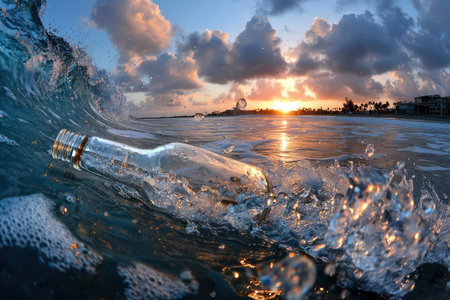 A glass bottle floats amidst ocean waves at sunriseの写真素材