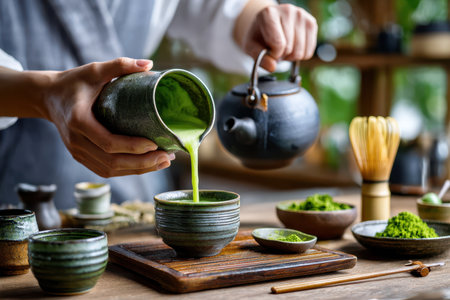 Hands expertly pour vibrant matcha into a ceramic cup surrounded by tea tools and matcha powder.の写真素材