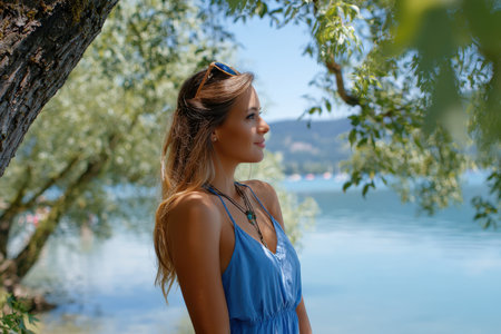 A woman with long hair enjoys a calm moment by the tranquil lake on a sunny day, framed by green trees.の写真素材