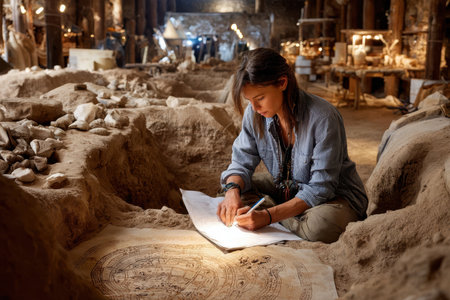 A young archaeologist studies and records ancient artifacts in a detailed excavation area illuminated by soft light.の写真素材