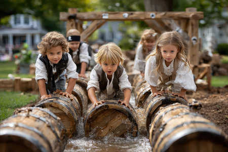 Young kids engage in a fun activity, balancing on barrels filled with water in a sunny park setting.の写真素材