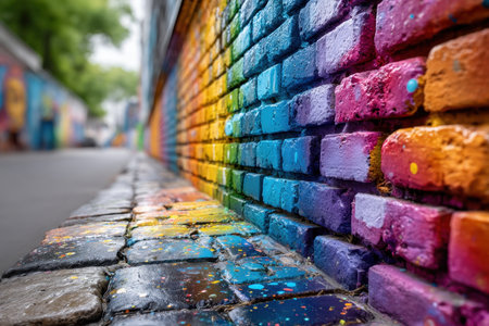 A low angle view of a rainbow painted brick wall along a cobblestone streetの写真素材