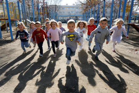 Children run across a dirt playground on a sunny dayの写真素材