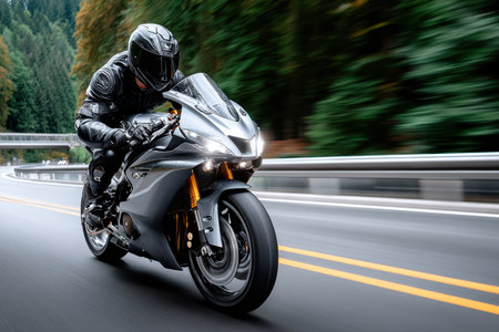 A motorcyclist rides a sport bike at speed around a curveの写真素材