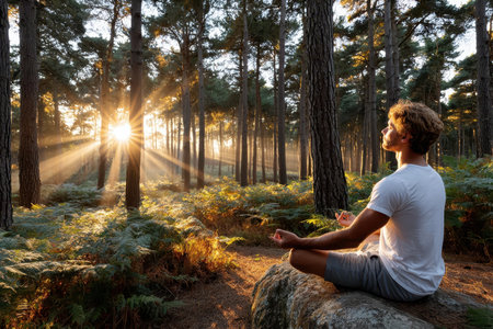 A man meditating in a tranquil forest at sunrise, with warm backlighting, shot with a wide-angle lens, embodying inner peace and connection with nature, ultrarealistic photo --ar 3:2 --raw --profile nk3i4wf --stylize 250 --v 7 Job ID: ec1a3392-a282-42f5-b5ae-f56c3197aa8aの写真素材
