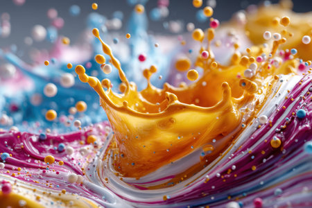 A colorful splash of paint and small beads creates a dynamic, abstract designの写真素材