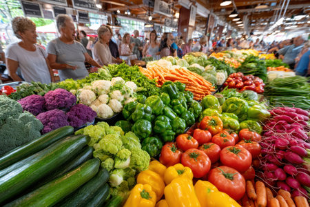 Fresh, colorful produce displayed at a busy indoor marketの写真素材