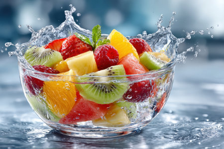 Mixed fruit salad splashing in a glass bowl of waterの写真素材