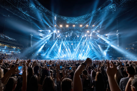 Large crowd with raised hands and phones enjoys a concert in a stadiumの写真素材