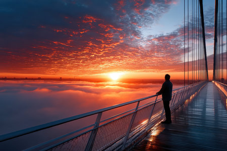 A person enjoys the breathtaking view of a colorful sunrise above fluffy clouds from a bridge.の写真素材