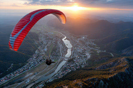 A paraglider enjoys a scenic flight over a mountain valley town at sunsetの写真素材