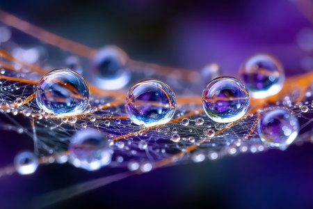 Closeup of dewdrops on a feather with a colorful, blurred backgroundの写真素材