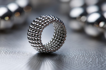 A shiny ring formed from magnetic beads sits prominently on a reflective table, showcasing its design.の写真素材