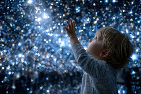A young child stretches her hand towards a dazzling display of lights in a night sky full of stars.の写真素材