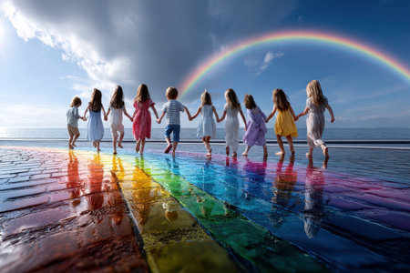 A group of children hold hands while walking along a colorful path, enjoying a beautiful rainbow and ocean view.の写真素材