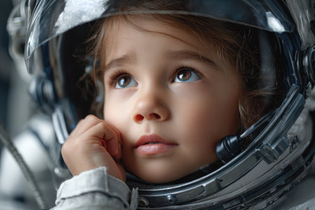 A child in a space helmet looks up, reflecting dreams of space travel and adventure in a futuristic setting.の写真素材