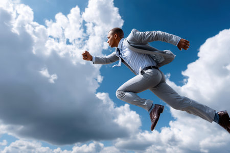 A professional man sprints energetically in a suit, showing determination and ambition under a bright sky.の写真素材