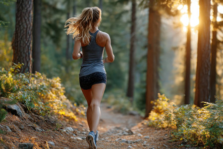 A woman jogging on a forest trail at dawn, shot with a telephoto lens, capturing the determination and solitude of the runner, ultrarealistic photo --ar 3:2 --raw --profile nk3i4wf --stylize 250 --v 7 Job ID: 7b5b601b-f42f-4401-8a3b-15e32f939072の写真素材