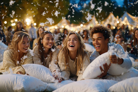 A group of four friends playfully throws feathers during a cozy outdoor gathering at night.の写真素材