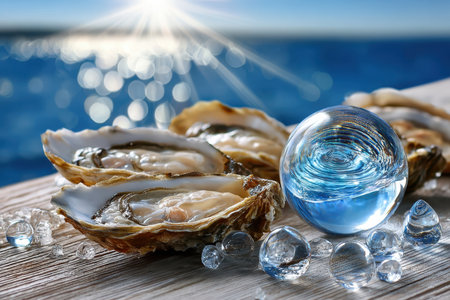 Fresh oysters and decorative glass spheres arranged on a wooden surface by the seaの写真素材