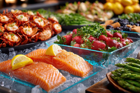 Fresh salmon fillets on ice, part of a diverse buffet spreadの写真素材