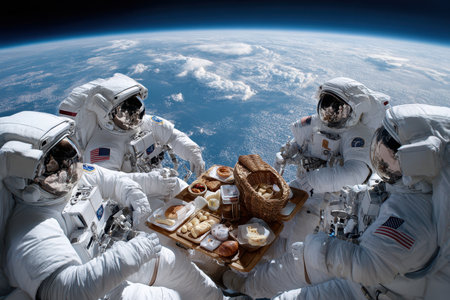 Four astronauts in space share a meal while gazing at the Earth from their impressive vantage point.の写真素材