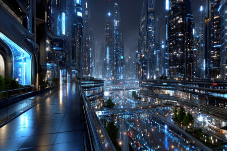 A futuristic cityscape at dusk, capturing the hustle and bustle, with a mood of anticipation, under neon lights, shot with a wide-angle lens, featuring a sudden blackoutの写真素材