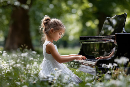 A girl in a white dress sits at a piano in a lush green park, playing music among flowers.の写真素材