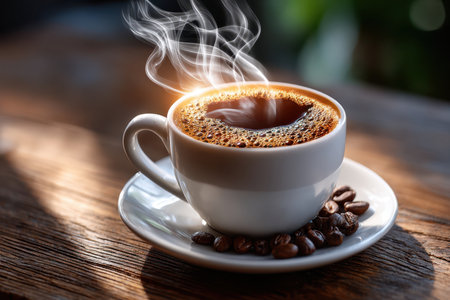 A close-up of a steaming cup of coffee on a wooden table, under a single source of warm light, shot with a macro lens, evoking comfort and warmthの写真素材