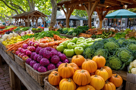 Fresh produce is neatly arranged on wooden tables at an outdoor marketの写真素材