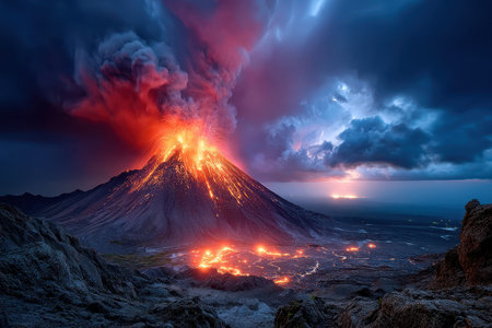 A volcano erupts with flowing lava and smoke under a dramatic skyの写真素材