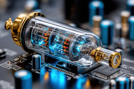 A glowing neon vacuum tube rests on a circuit board surrounded by blue electronic components at night.の写真素材