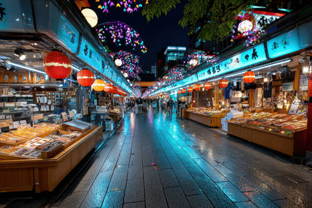 A lively night market with colorful lights illuminating food stalls and shoppersの写真素材