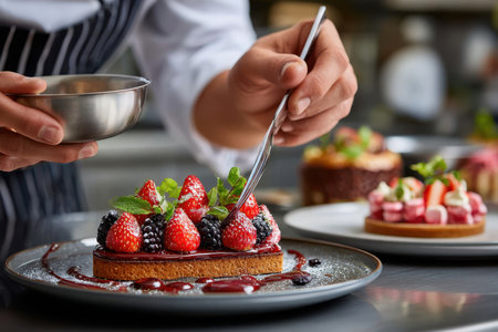 A skilled chef meticulously arranges strawberries and blackberries on a dessert plate during service.の写真素材