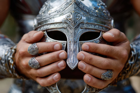 Strong hands hold an intricately designed helmet, preparing for an epic battle outdoors in a natural environment.の写真素材