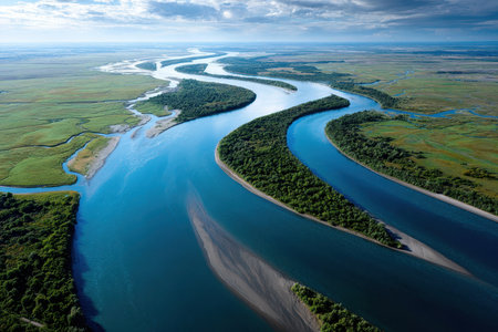 Aerial view of a winding river flowing through a green landscapeの写真素材
