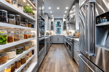 A modern, minimalist kitchen with stainless steel appliances, under cool overhead lighting, shot with a wide-angle lens, featuring a hidden pantry filled with exotic spicesの写真素材