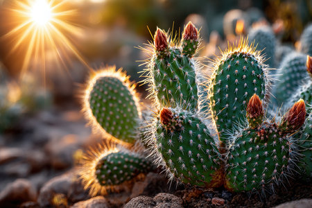 Closeup of a prickly pear cactus with buds at sunsetの写真素材