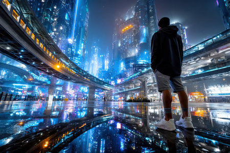 A person stands in a futuristic city at night, reflected in a puddleの写真素材