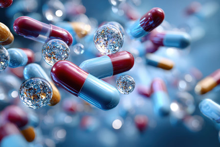Colorful capsules and bubbles are suspended in an abstract background, illustrating healthcare and medicine.の写真素材