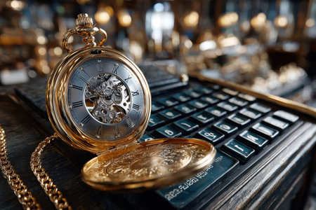 A golden pocket watch with intricate details is placed on an old wooden table adorned with vintage keys.の写真素材