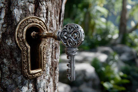 An ornate key is inserted into a decorative lock on a tree trunk surrounded by vibrant greenery.の写真素材