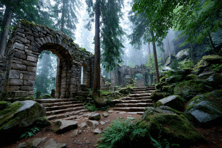 Stone ruins with arches and steps in a misty forestの写真素材