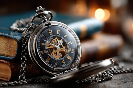 An antique pocket watch rests on a stack of old booksの写真素材