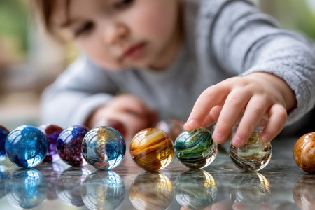 A young child focuses on arranging a line of vibrant marbles on a smooth surface, enjoying playful creativity.の写真素材