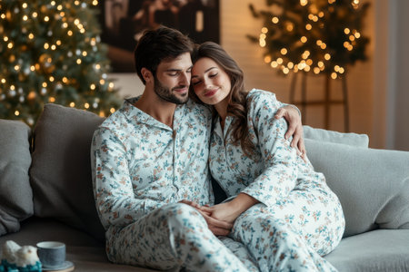 A young couple enjoys a cozy evening together on the couch, surrounded by Christmas lights and decorations.の素材