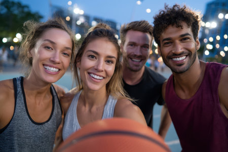 Four friends happily pose together with a basketball, showing their joy after a night of play.の素材