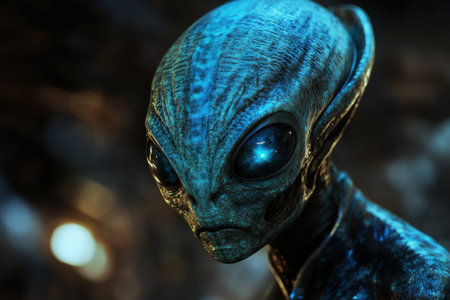 A mysterious alien figure stands in a dark space, showing its colorful skin and large expressive eyes.の素材